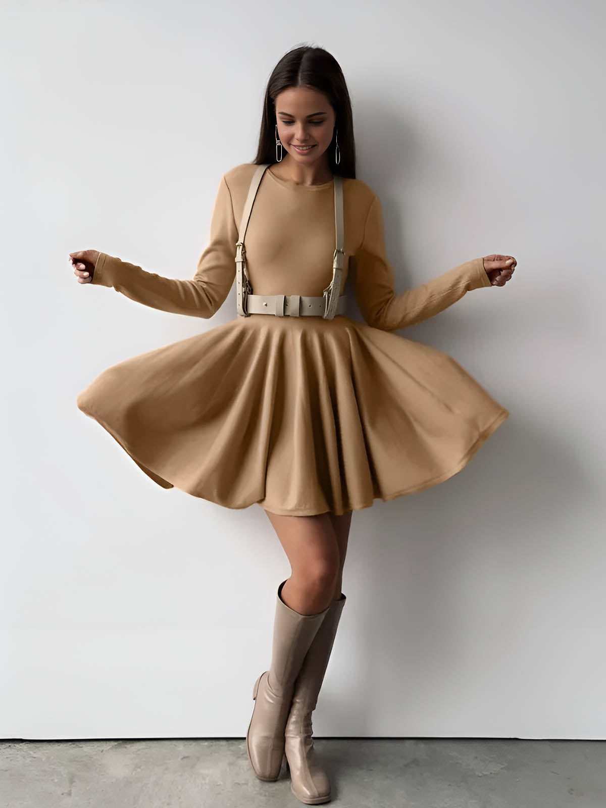 Damen Skaterkleid Langarm Crème
