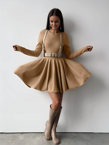 Damen Minikleid Lange Ärmel Kurz Taillen Schnitt