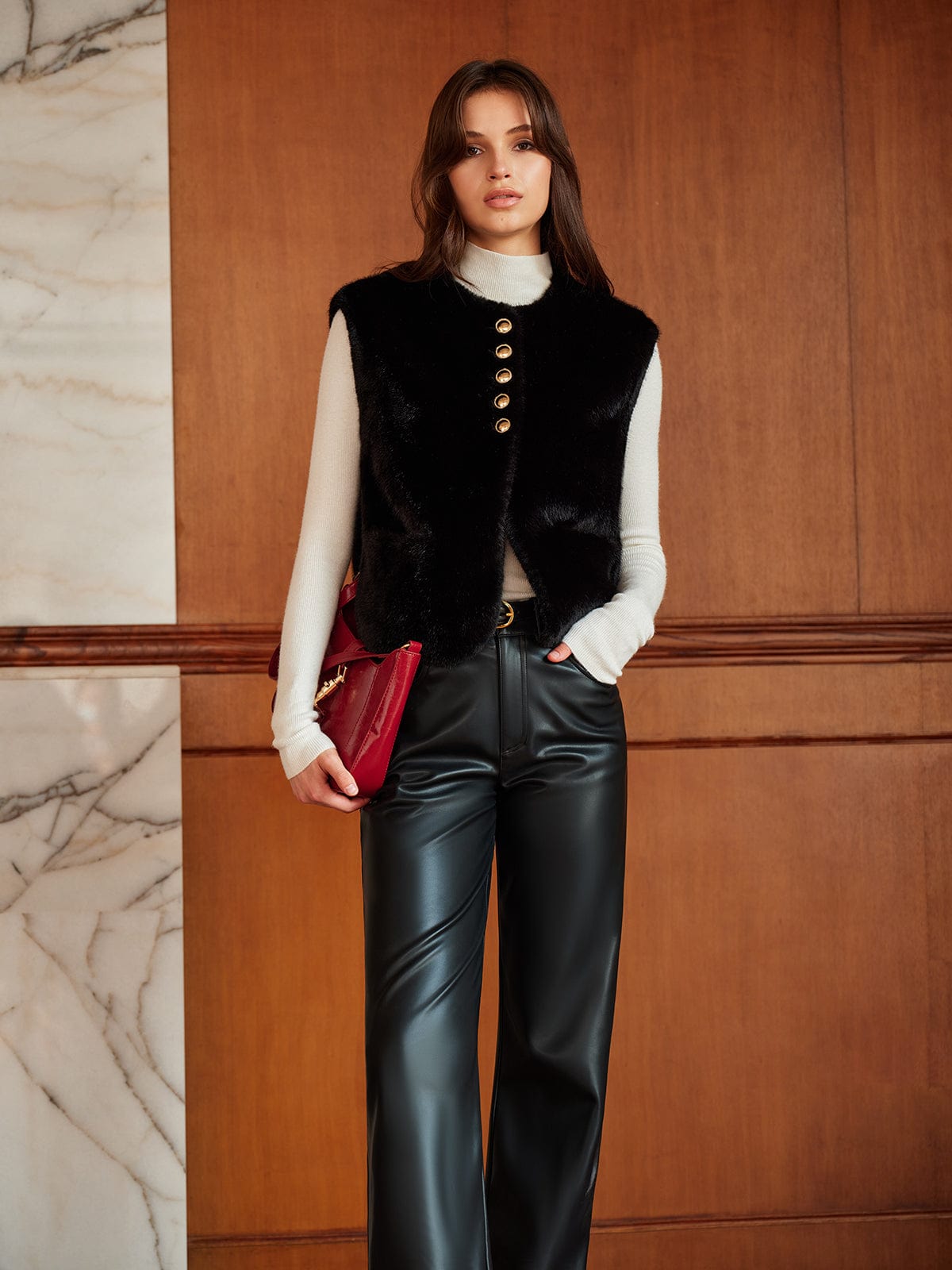 Faux-Fur-Gilet Damen Rundhals Synthetic