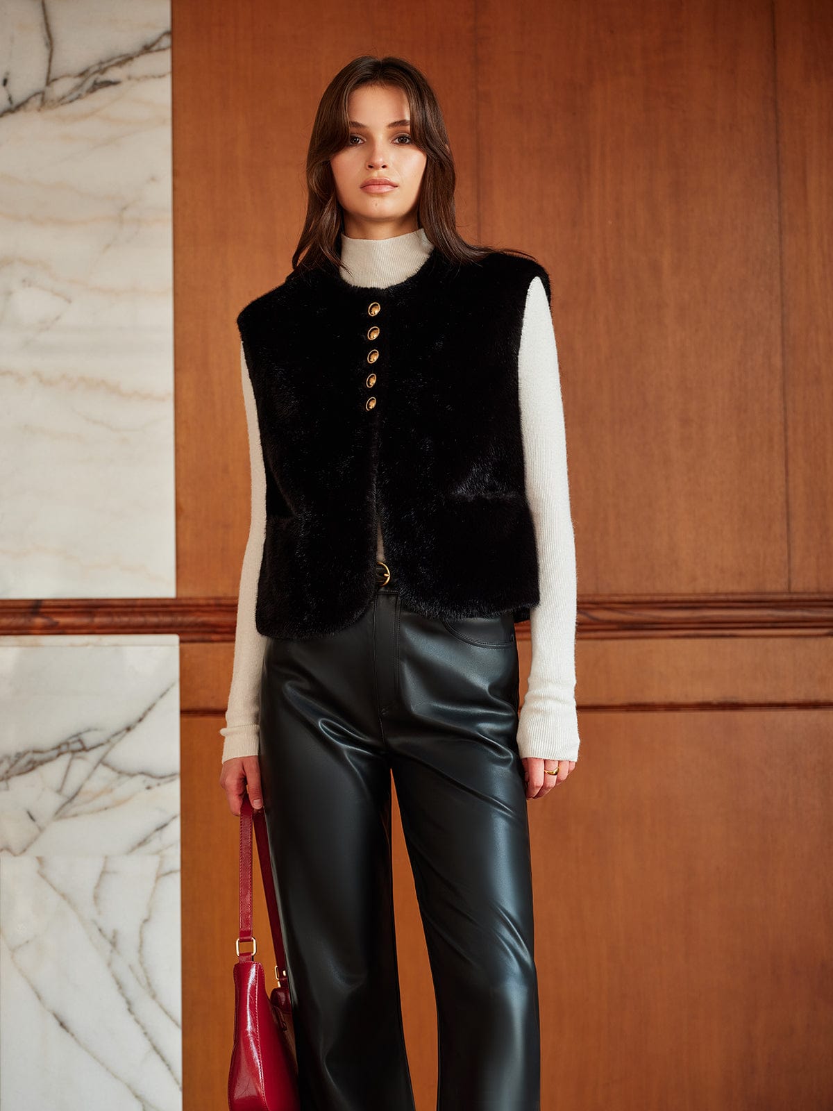 Faux-Fur-Gilet Damen Rundhals Synthetic