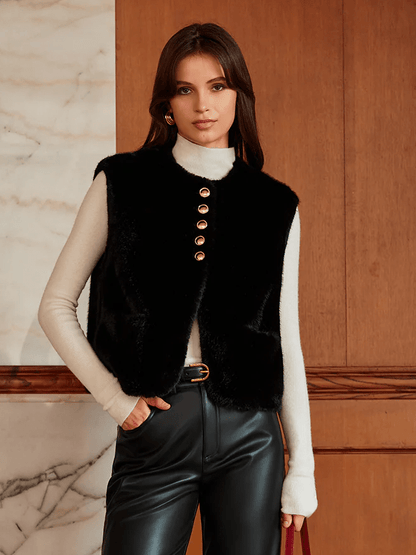 Faux-Fur-Gilet Damen Rundhals Synthetic Schwarz - Norvielle