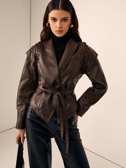 Damen Lederjacke Braun Taillengürtel - Norvielle