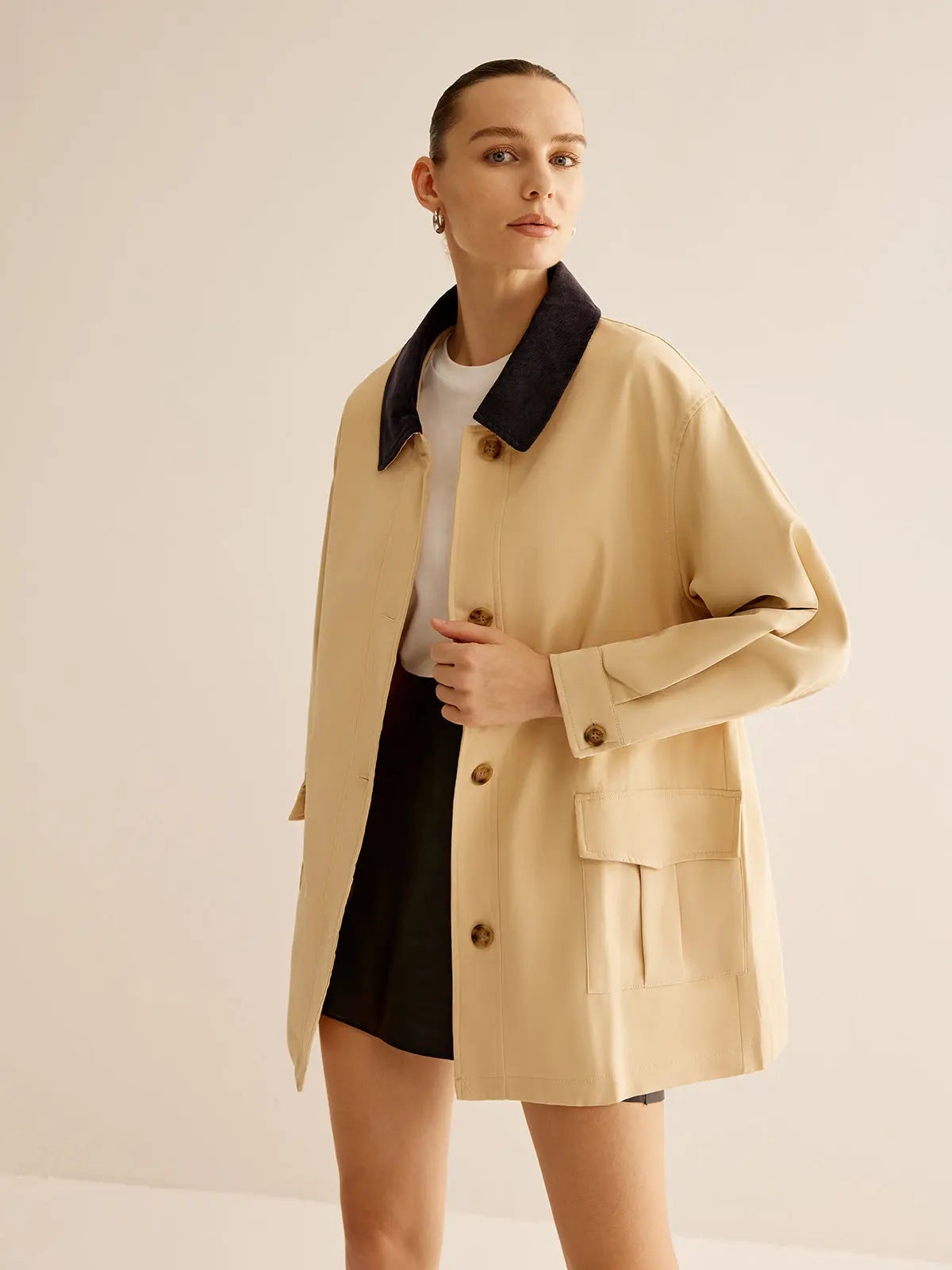 Damen Baumwolljacke Kontrastkragen Knöpfe - Norvielle