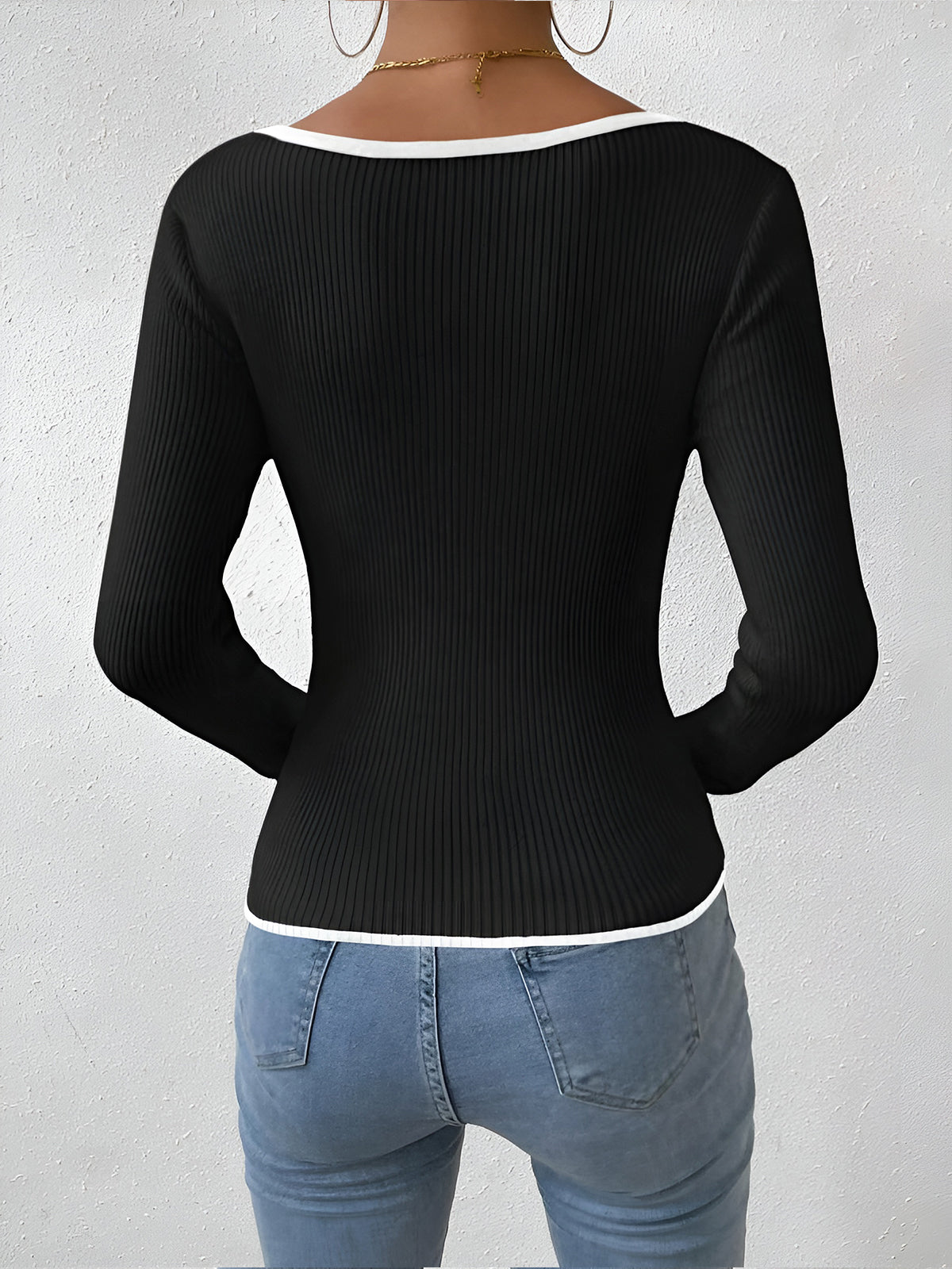 Damen Winterpullover Mit V-Ausschnitt Kontrastbesatz