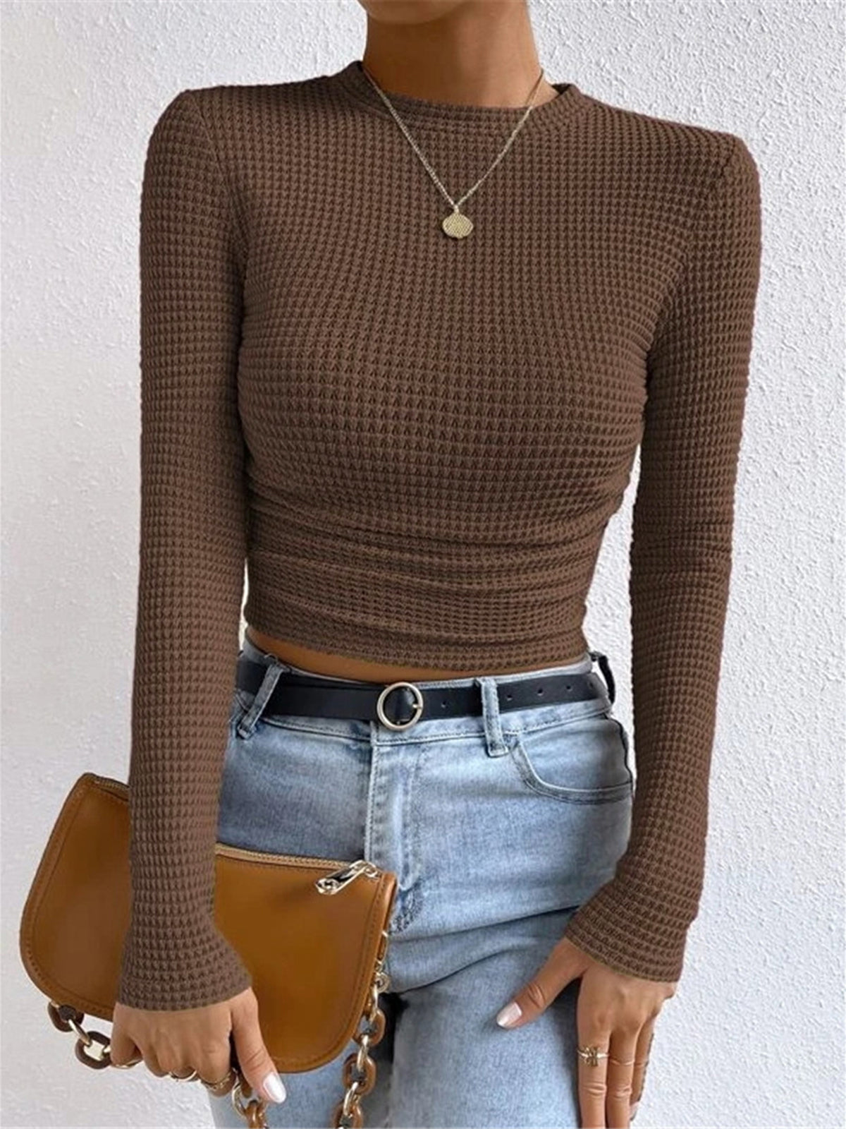 Damen Langarm Crop- aus Waffelstrick