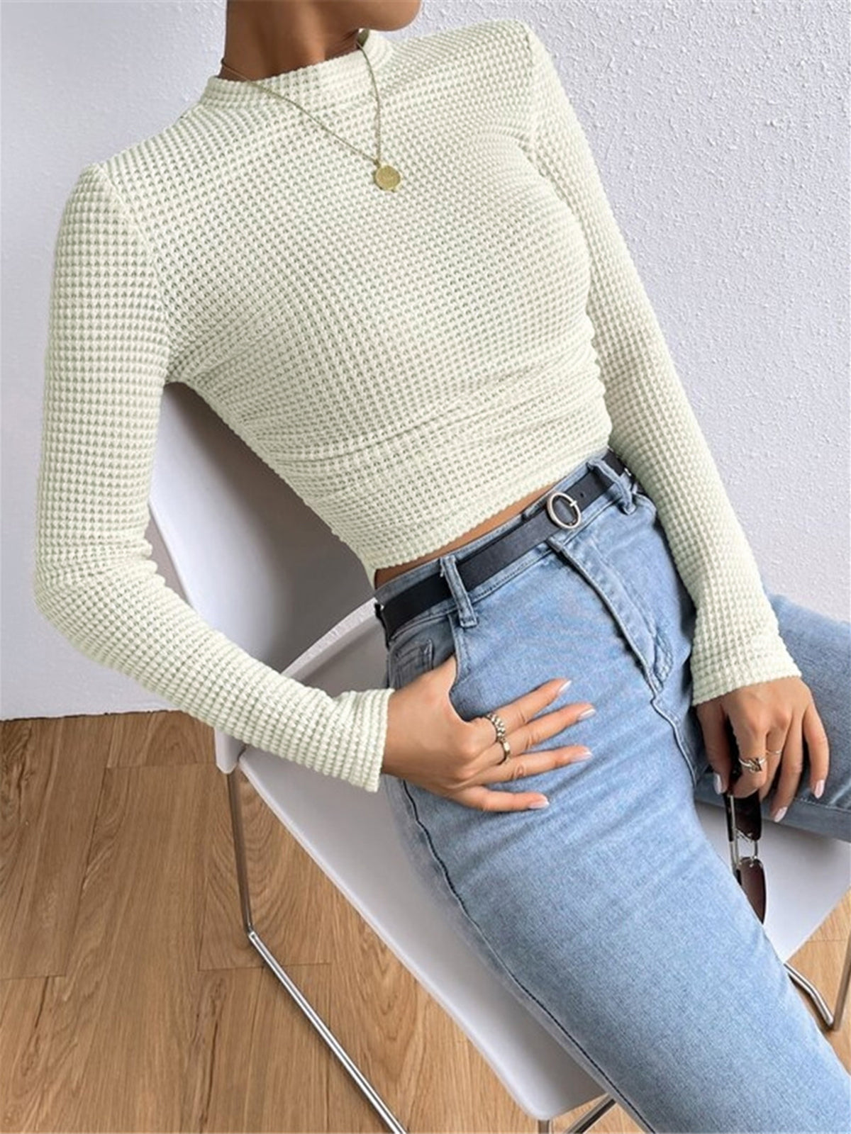 Damen Langarm Crop- aus Waffelstrick