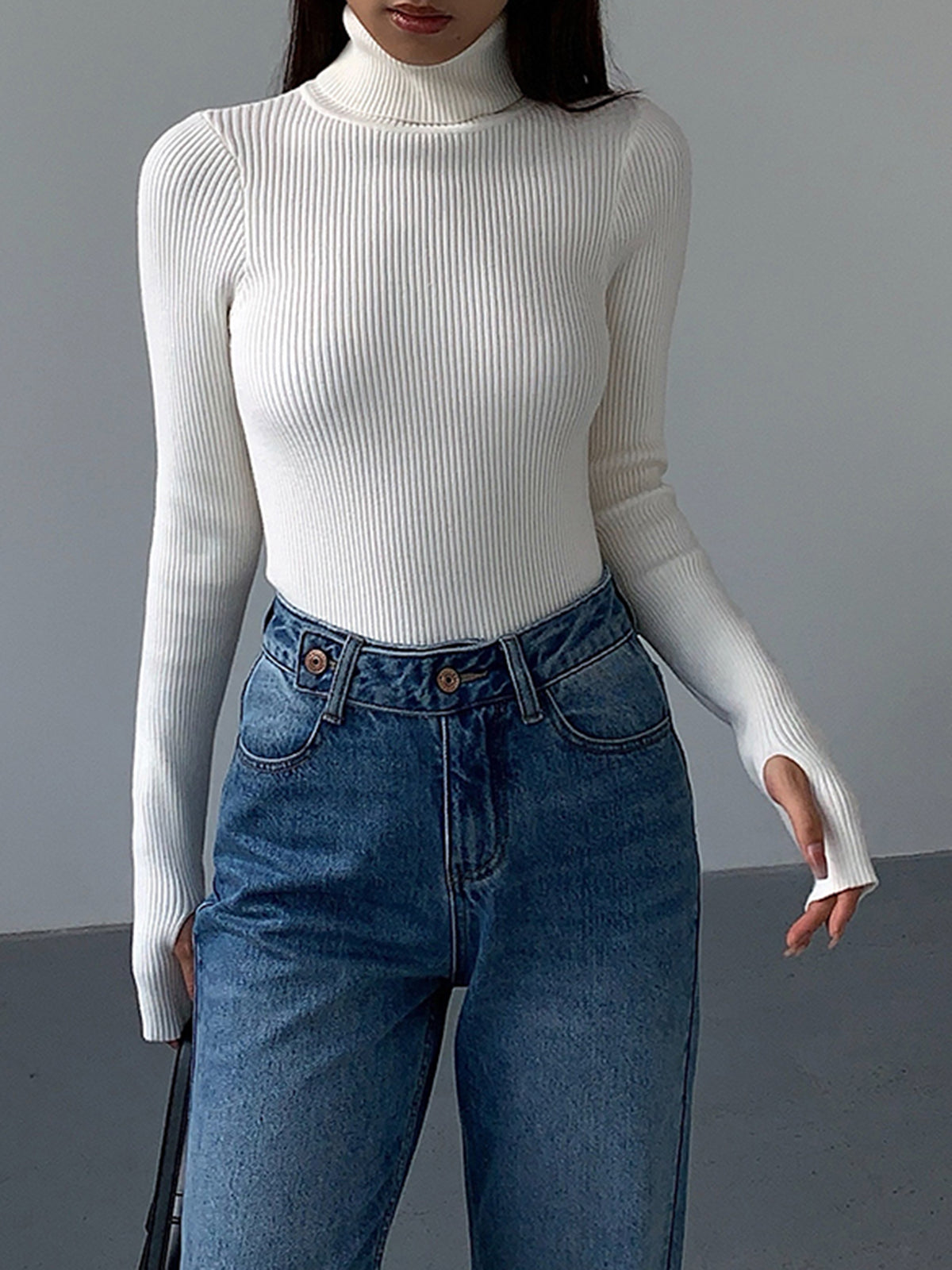 Damen Rollkragenpullover Gerippt Beige
