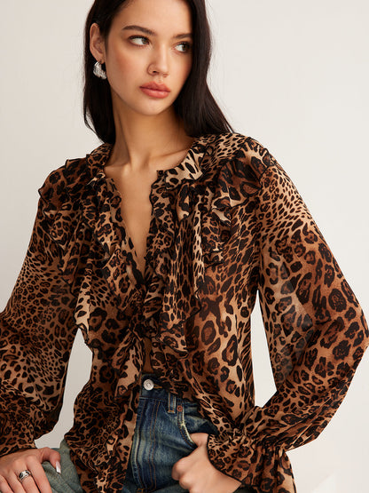 Damen Leopardenbluse Mit Rüschenkragen Sommer - Norvielle