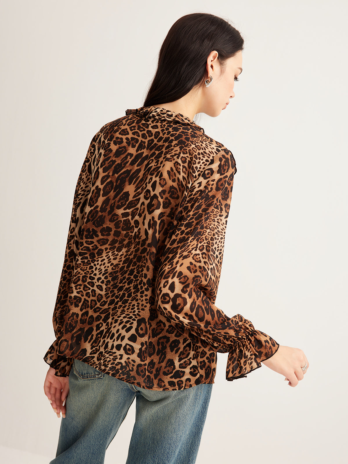 Damen Leopardenbluse Mit Rüschenkragen Sommer
