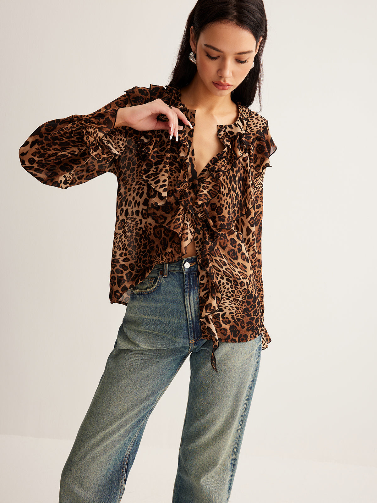 Damen Leopardenbluse Mit Rüschenkragen Sommer