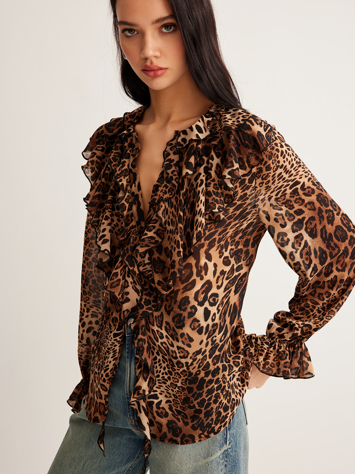 Damen Leopardenbluse Mit Rüschenkragen Sommer