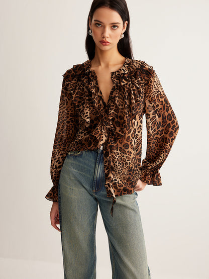 Damen Leopardenbluse Mit Rüschenkragen Sommer