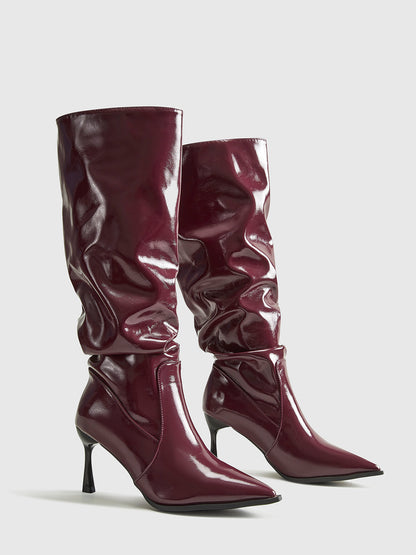 Damen Stiefel Kniehoch Spitz Absatz Glänzend Burgunderrot - Norvielle