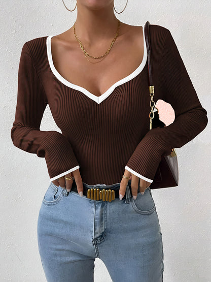 Damen Winterpullover Mit V-Ausschnitt Kontrastbesatz