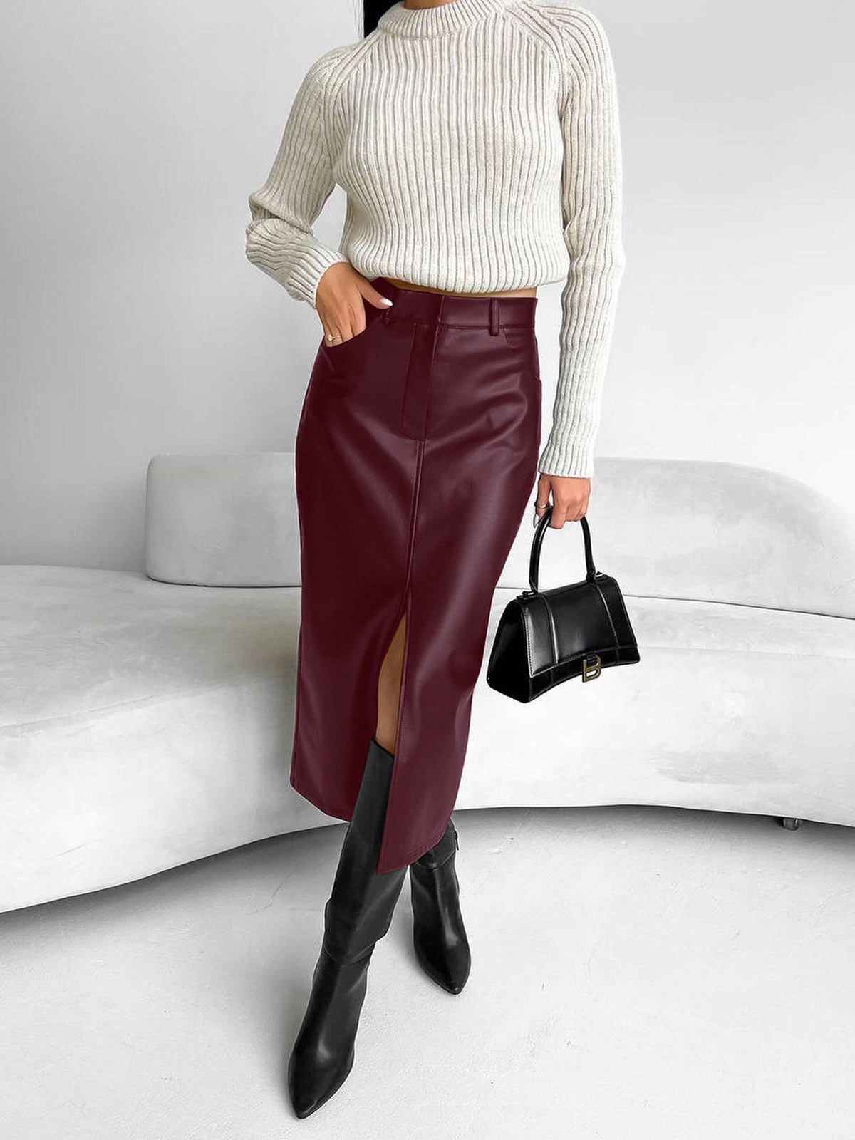 Damen Eleganter Midi Rock Mit Hohem Schlitz