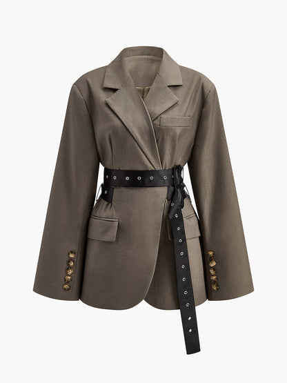 Mila Damen Oversized Blazer Oliv mit Taillengürtel - Norvielle