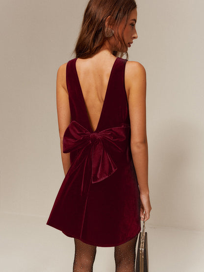 Damen Samt Minikleid Rückenakzent Kurz