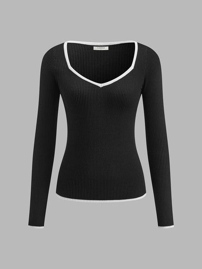 Damen Winterpullover Mit V-Ausschnitt Kontrastbesatz