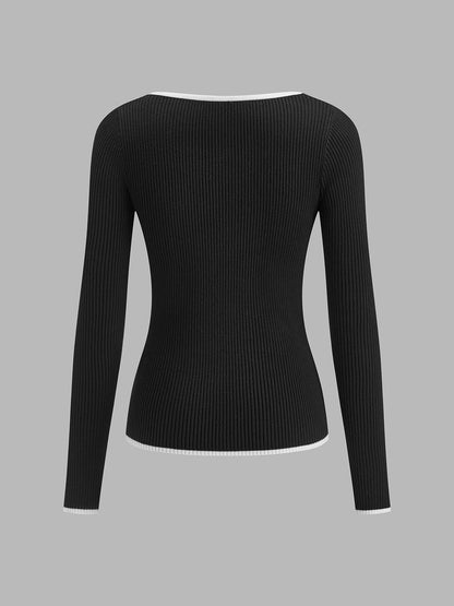 Damen Winterpullover Mit V-Ausschnitt Kontrastbesatz