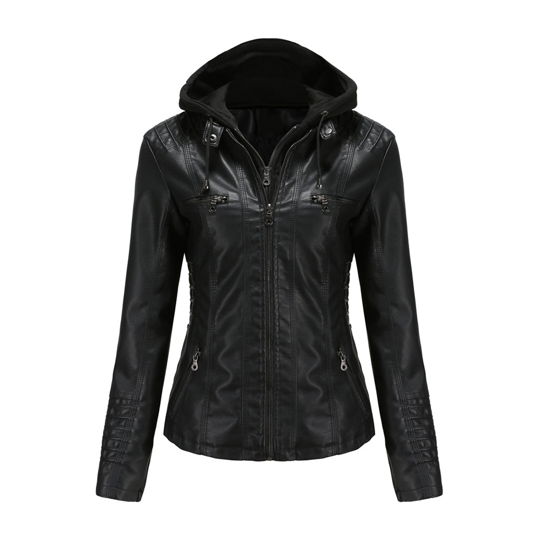 Damen Motorradjacke Kunstleder Kapuze Schwarz - Norvielle