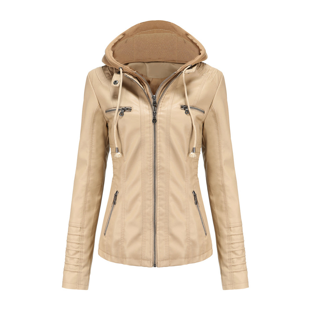 Damen Motorradjacke Kunstleder Kapuze