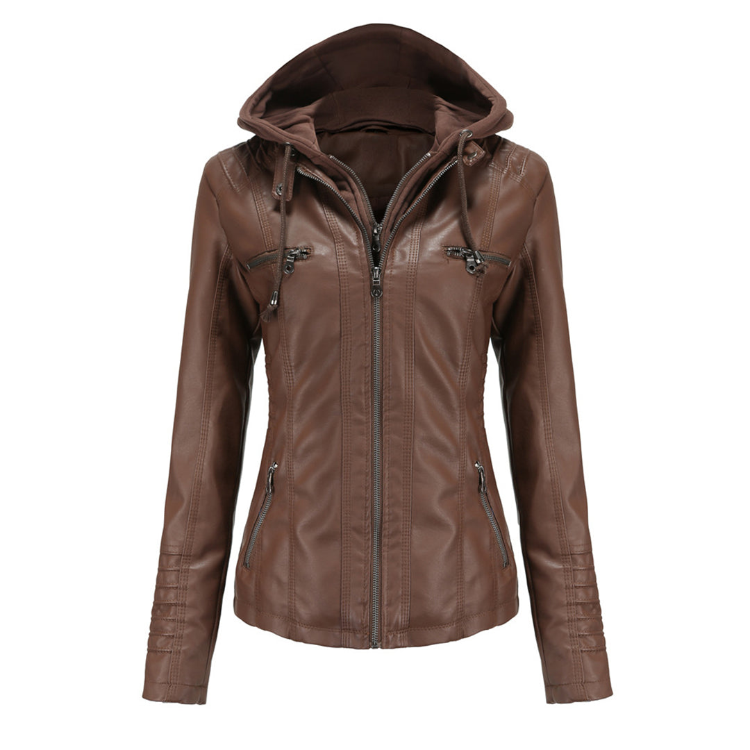 Damen Motorradjacke Kunstleder Kapuze