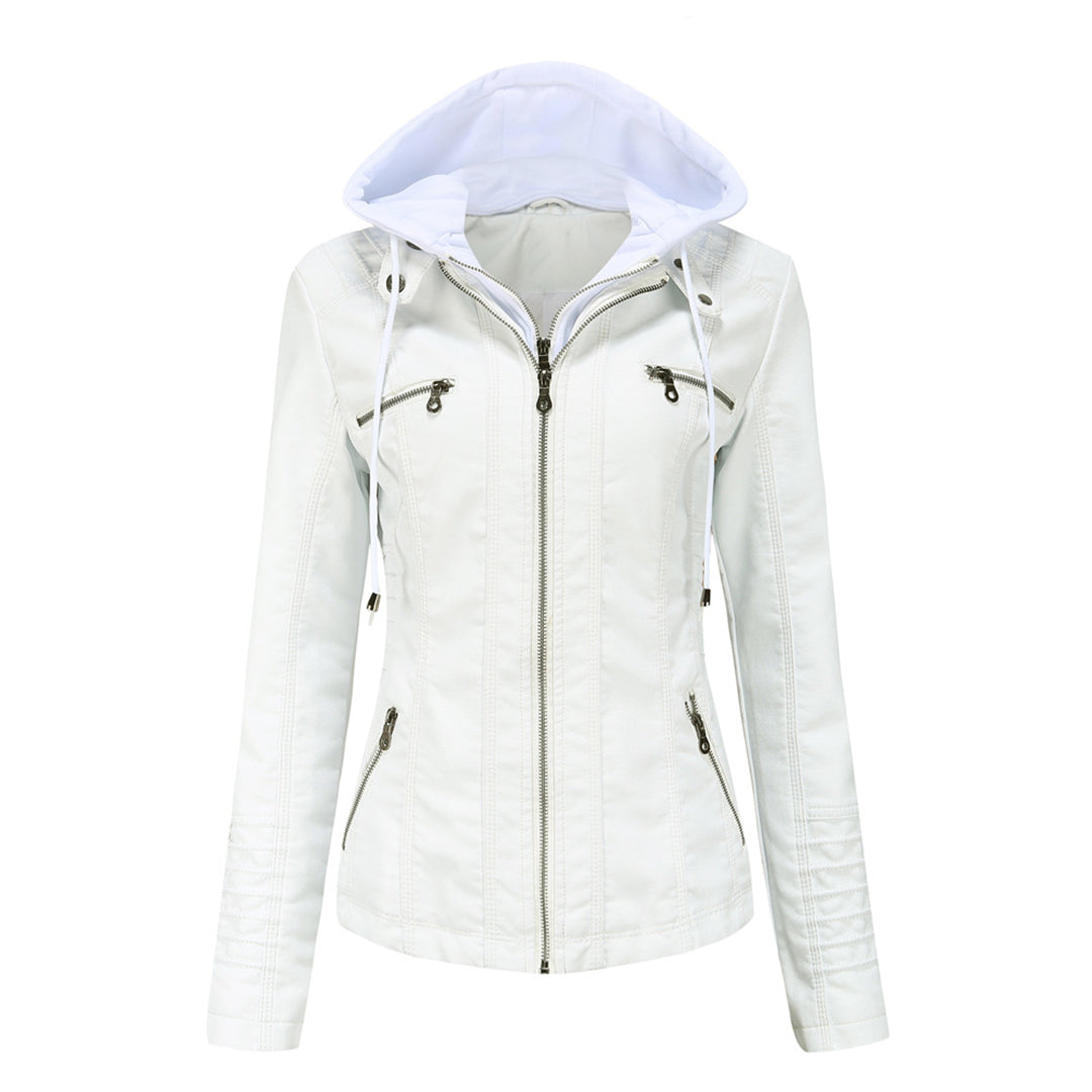 Damen Motorradjacke Kunstleder Kapuze