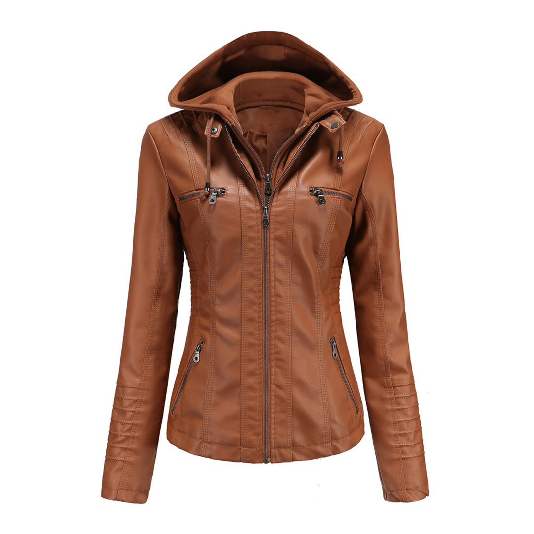 Damen Motorradjacke Kunstleder Kapuze