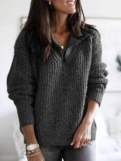Damenpullover Bequem V-Ausschnitt Zip-Up