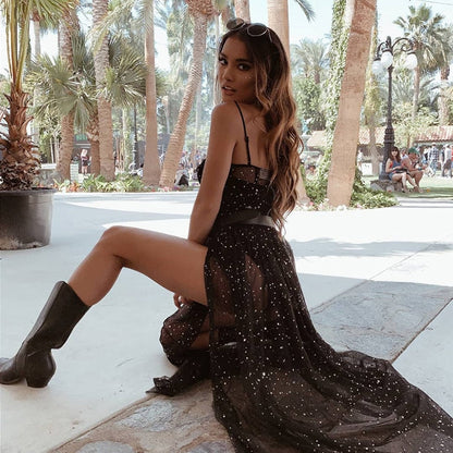 Norvielle Damen Maxi-Kleid Netz Ärmellos Transparent