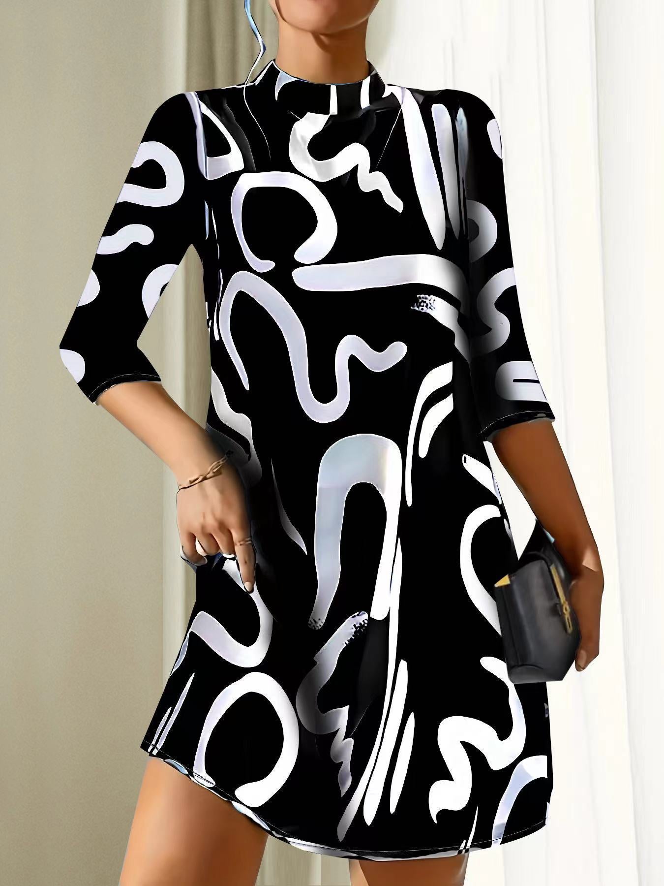 Damen Stehkragen Kleid 3/4 Ärmel Lässig Schwarz - Norvielle