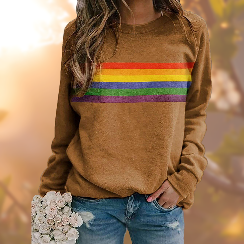Damen Sweatshirt Rundhals Regenbogen Print Weiches Baumwoll-Material