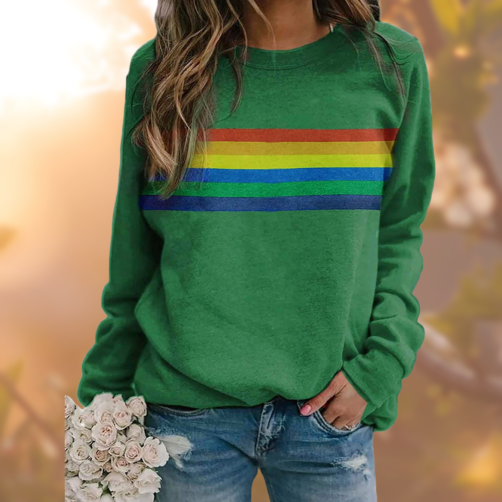Damen Sweatshirt Rundhals Regenbogen Print Weiches Baumwoll-Material