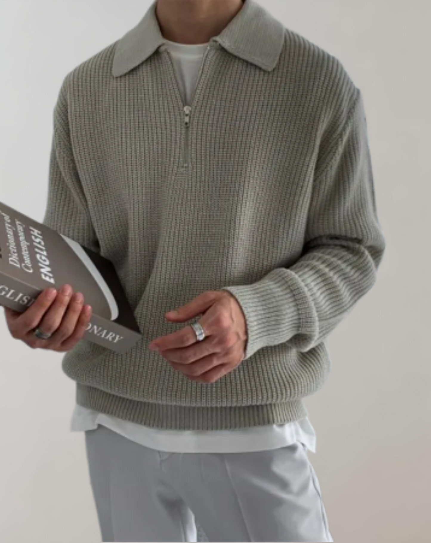 Herren Strickpullover Halbzipp Reißverschluss Eleganz Beige