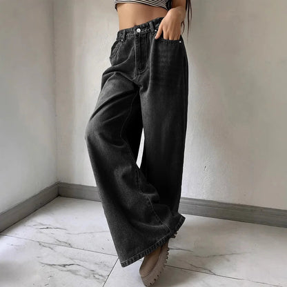 Norvielle Damen Baggy Jeans Weite Bein Komfortschwarz - Norvielle