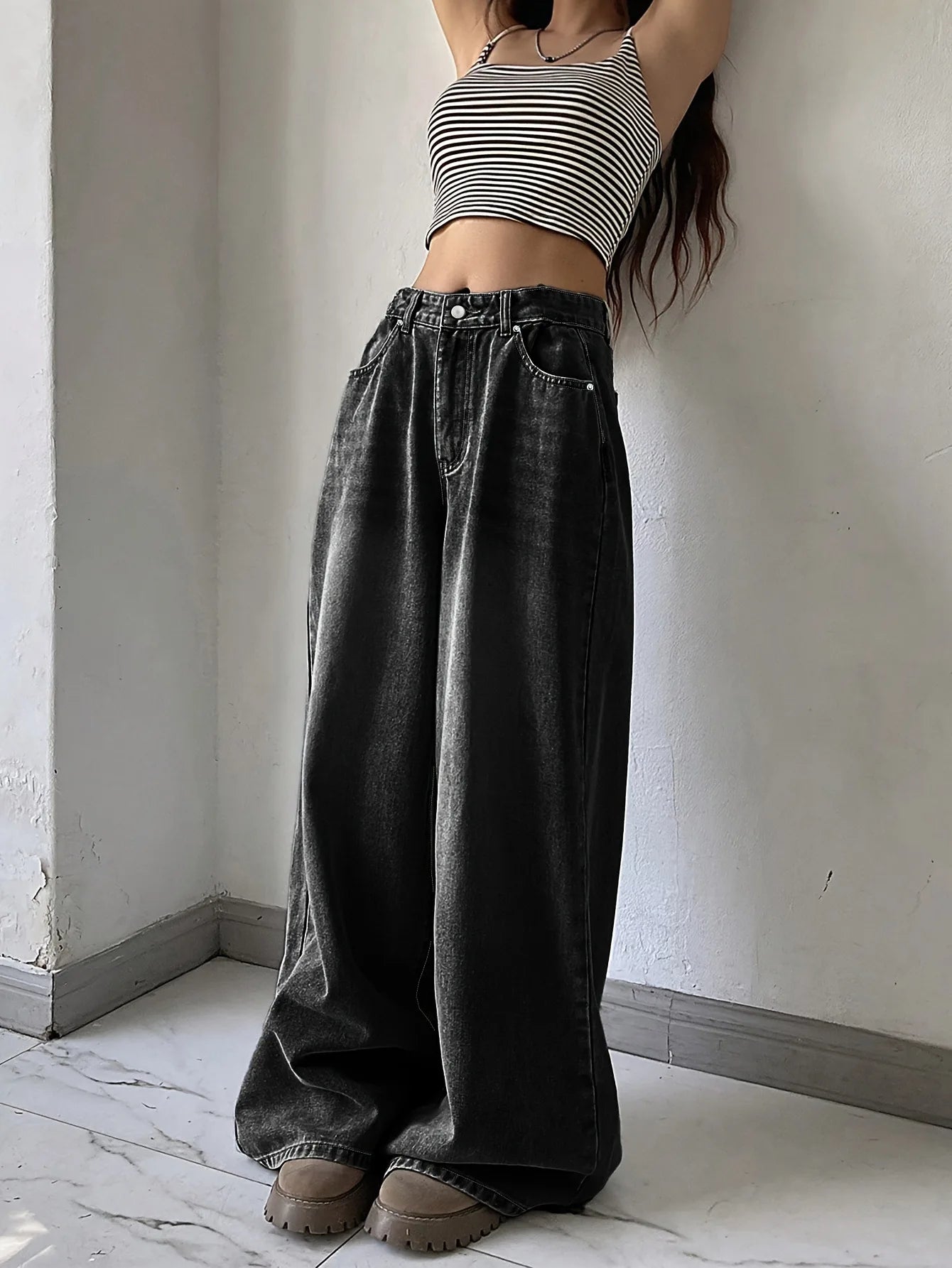 Norvielle Damen Baggy Jeans Weite Bein Komfortschwarz