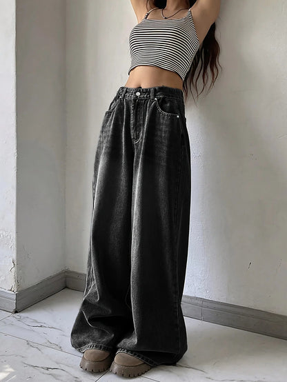 Norvielle Damen Baggy Jeans Weite Bein Komfortschwarz