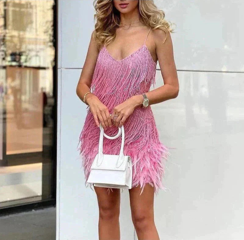 Damen Minikleid Fransen Federbesatz