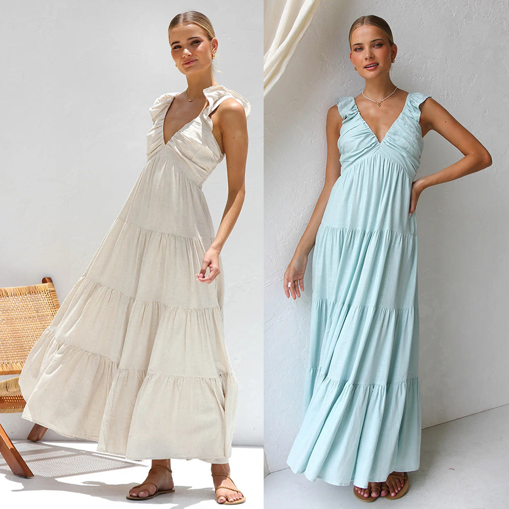 Norvielle Damen Spitzenkleid Baumwoll-Leinen Ärmellos - Norvielle