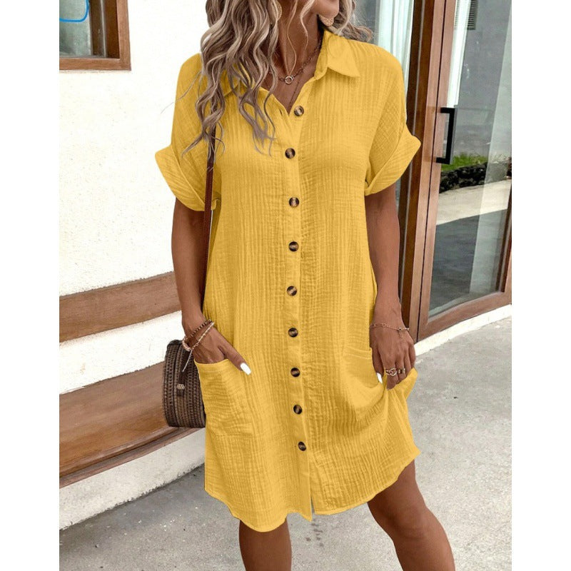 Baumwollkleid von Elarova: Leinenkleid mit V-Ausschnitt und Knöpfen