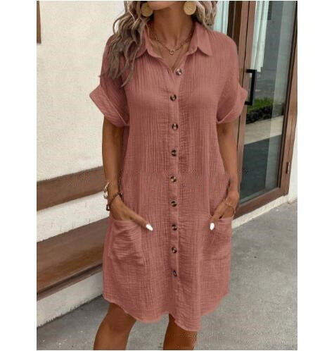 Baumwollkleid von Elarova: Leinenkleid mit V-Ausschnitt und Knöpfen