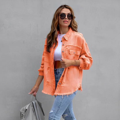 Norvielle Damen Zerrissenes Denim-Hemd mit Knöpfen