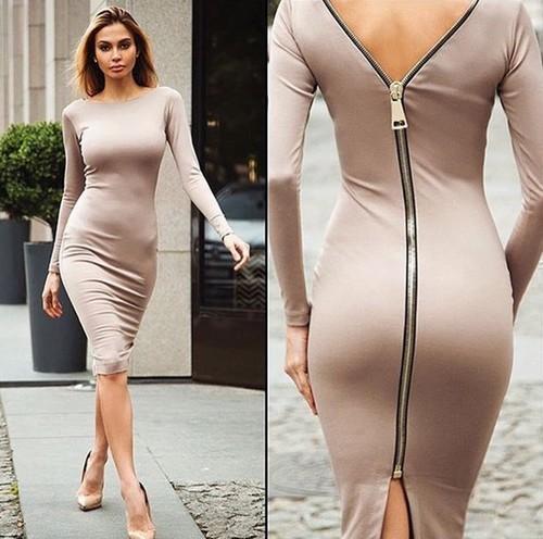 Norvielle Damen Langarmkleid Enganliegend Mit Reißverschluss Rücken