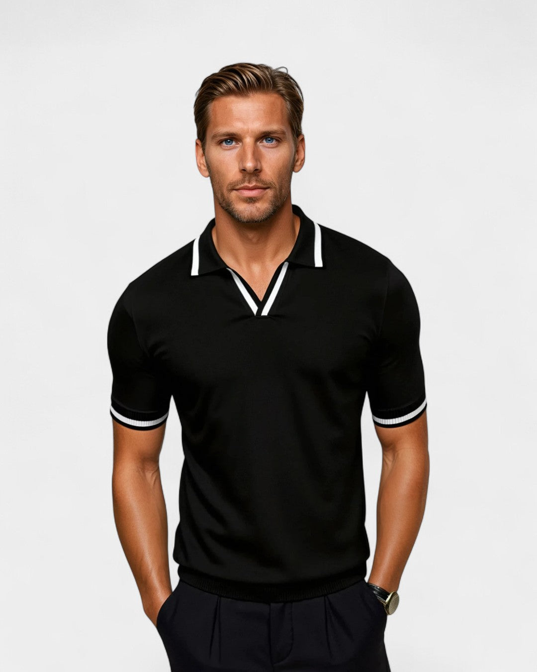 Herren Poloshirt Strick Kontrastabschlüsse Offener Kragen - Norvielle