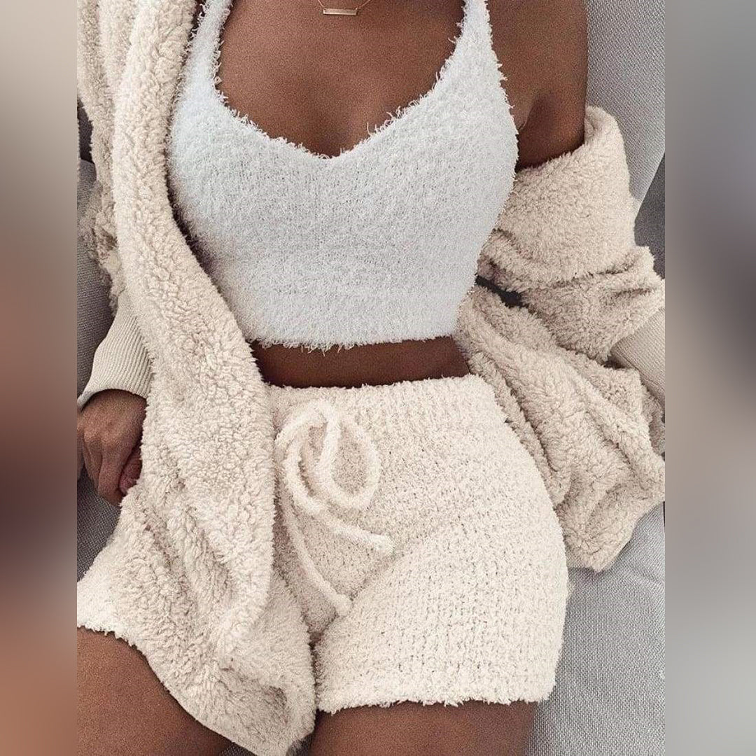 Damen Teddy Lounge Set Kapuzen-Cardigan und Shorts - Norvielle