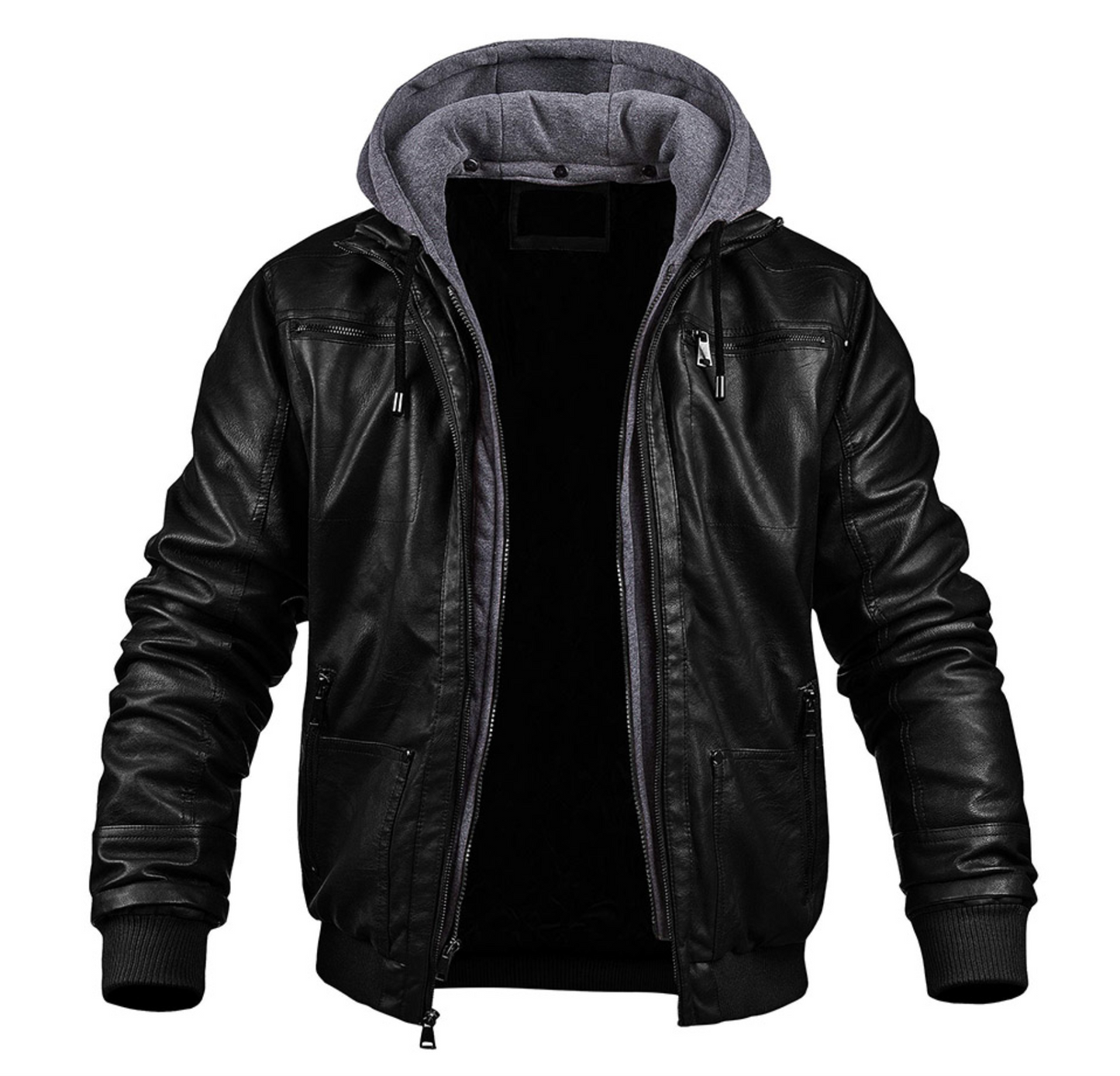 Herren Lederjacke Kapuze Reißverschluss Kunstleder Schwarz - Norvielle