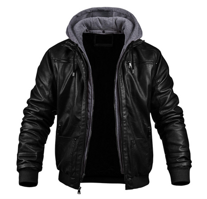 Herren Lederjacke Kapuze Reißverschluss Kunstleder Schwarz - Norvielle