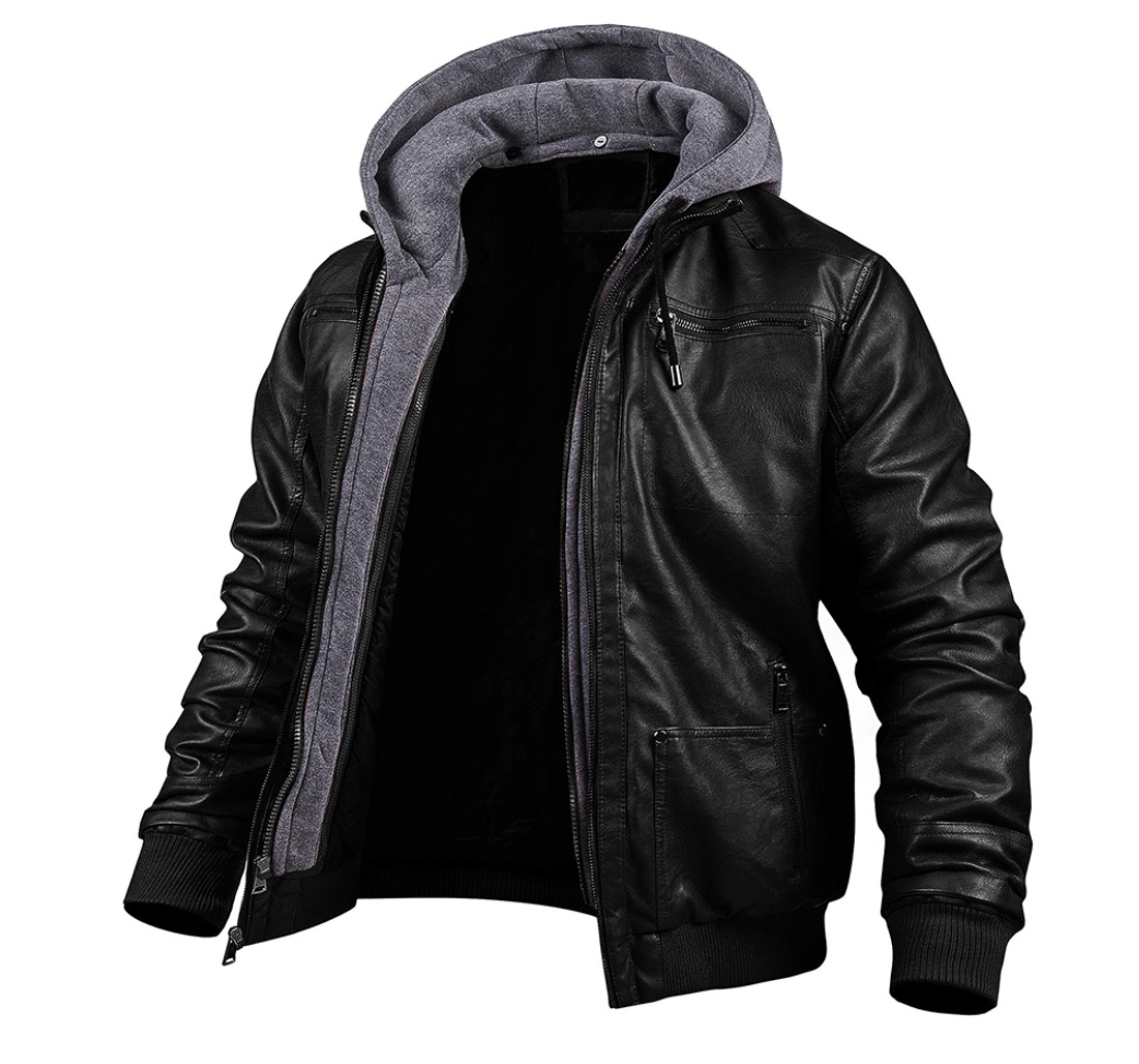 Herren Lederjacke Kapuze Reißverschluss Kunstleder