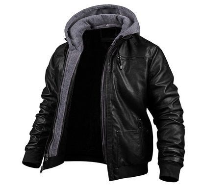 Herren Lederjacke Kapuze Reißverschluss Kunstleder