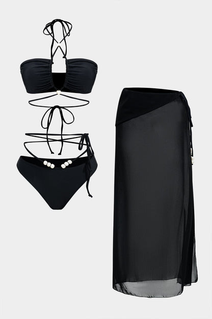 Damen Bikini-Set 3-teilig Wickelband-Design Perlen-Detail Transparent - Norvielle